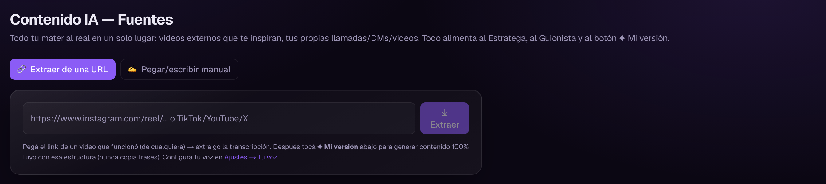 Panel de DoIt Loop para extraer la transcripción de un video a partir de su URL