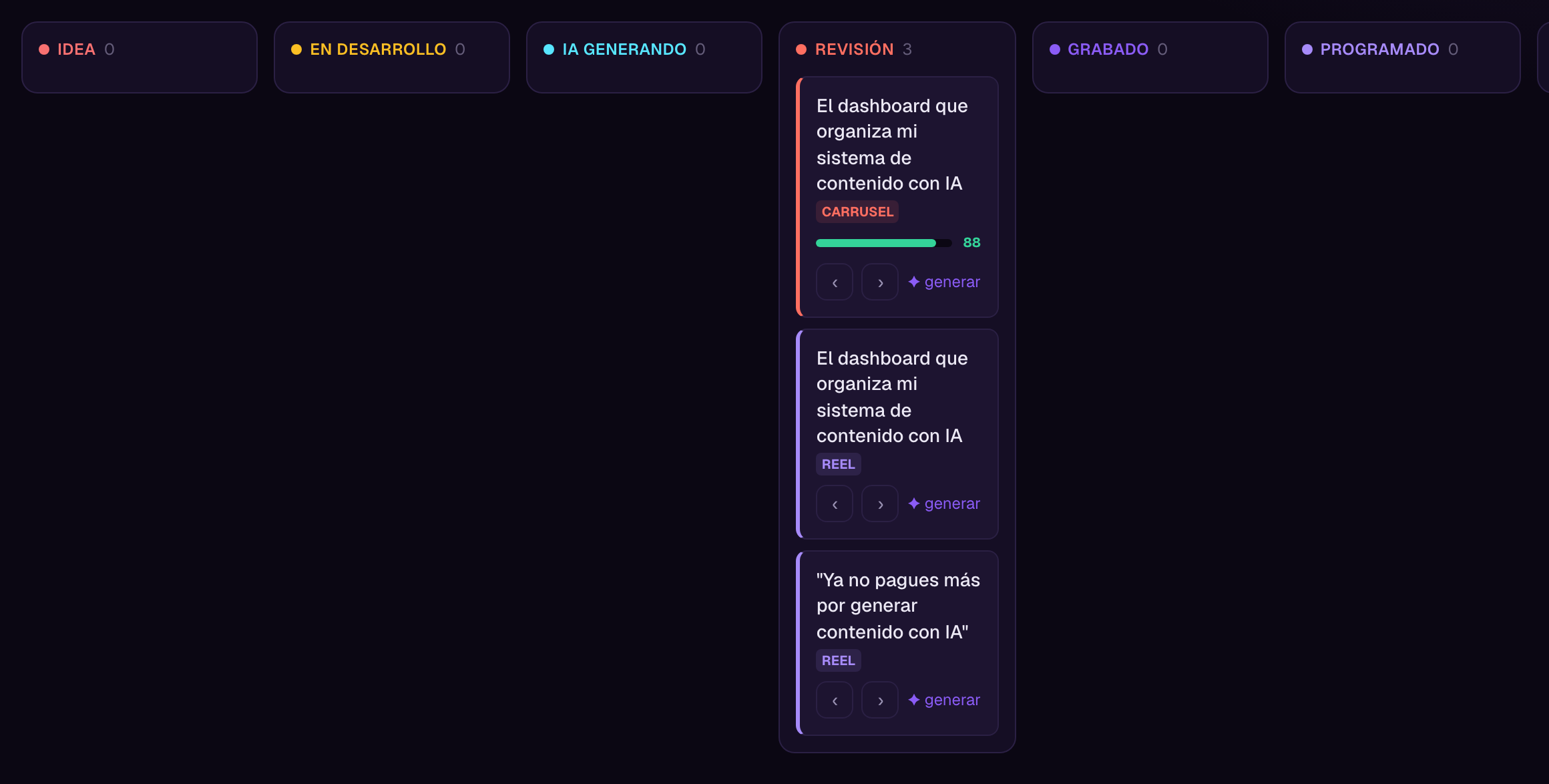 Pipeline de contenido de DoIt Loop con columnas por estado y tarjetas con puntaje de calidad